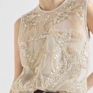 Embellished Sheer Sleeveless Top - Taupe/Gold